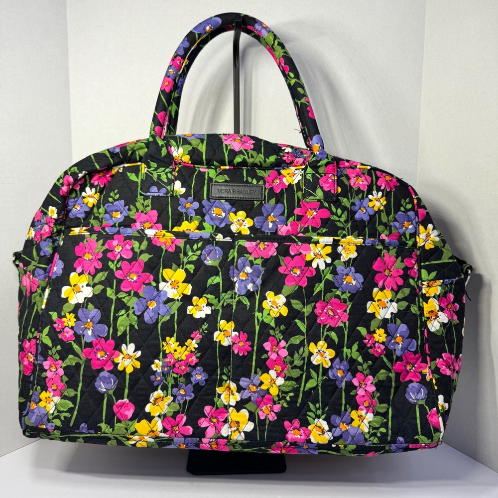 Vera Bradley Wildflower Cotton Quilted Black Floral Weekender Travel Duffel Bag